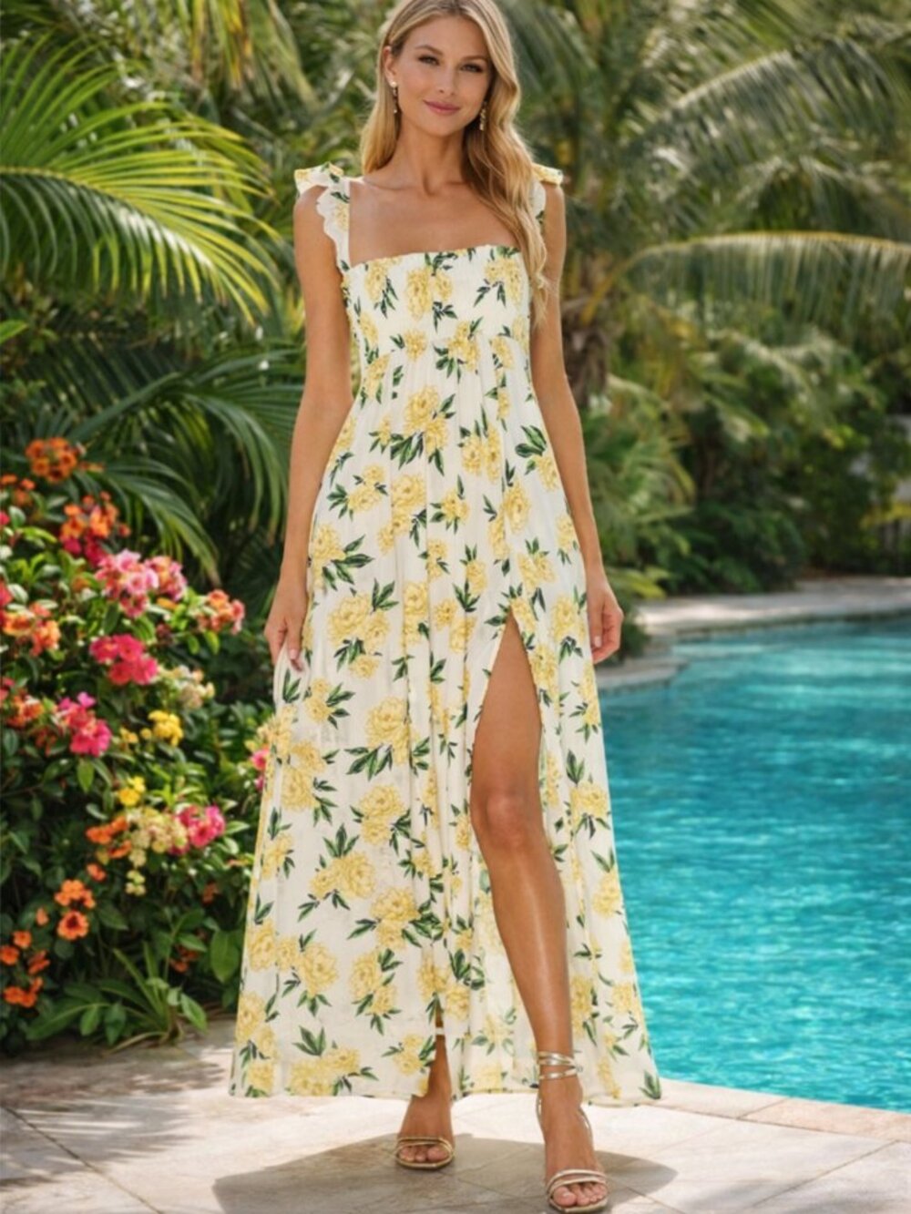 NWT Agua Bendita Leandra Maxi Floral Dress Art Deco Boho Bohemian Yellow Small